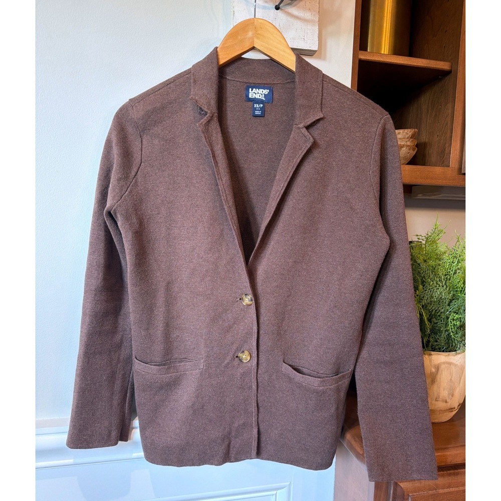 Lands End Brown Knit Blazer Cardigan 100% Cotton Womens M Schoolboy Sweater Work